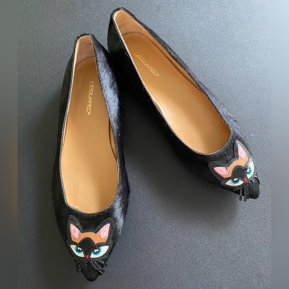 DSQUARED2 Cat Motif Pony Hair Pointed Toe Black Ballet Flats size 40 /10